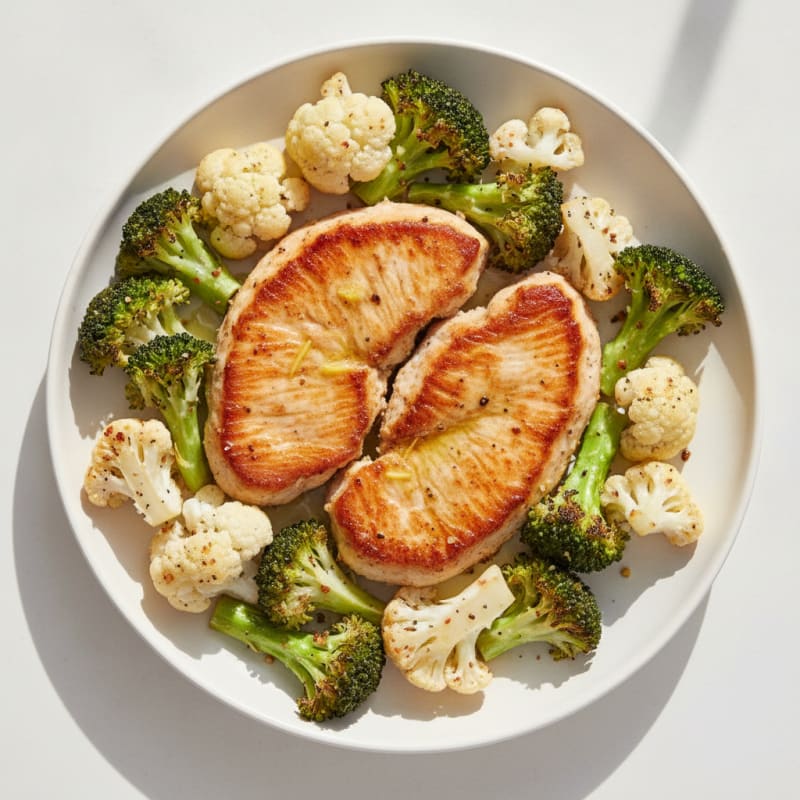 Seared Turkey Cutlets with Roasted Broccoli and Cauliflower