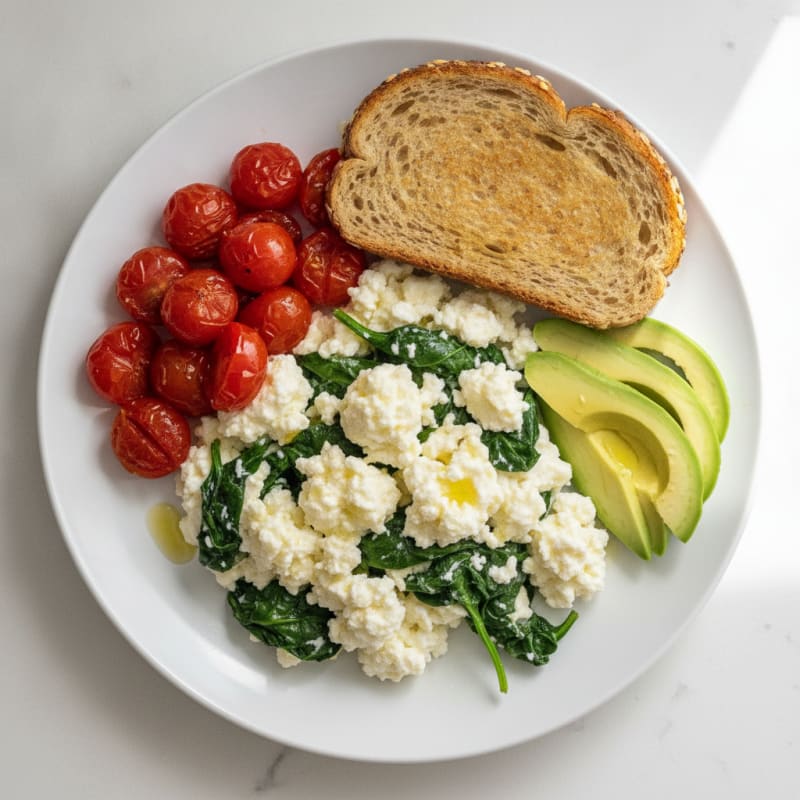 Egg White Spinach Scramble with Cottage Cheese and Cherry Tomatoes
