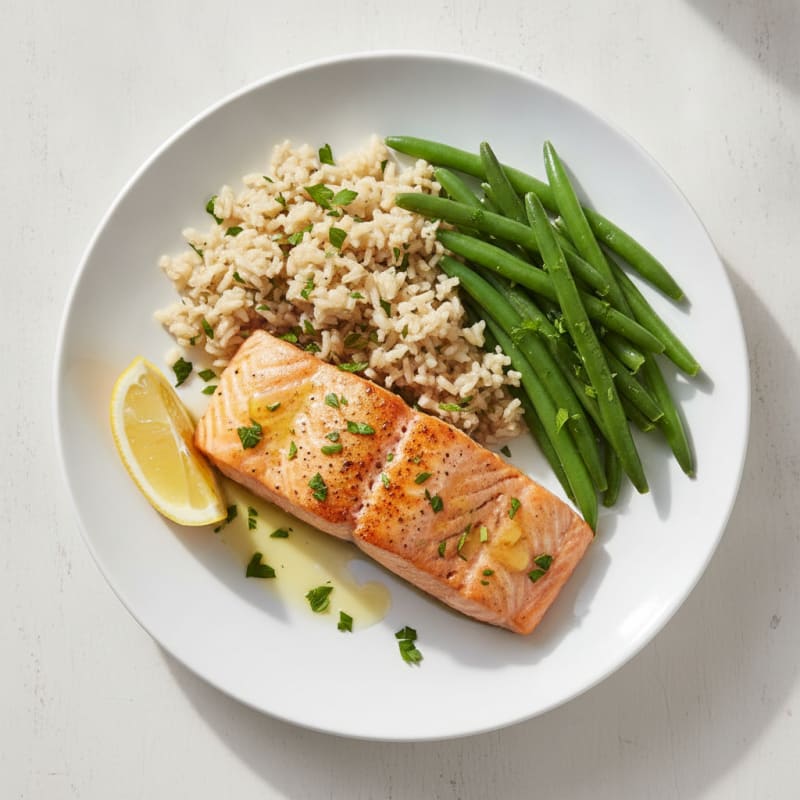Seared Salmon Fillet with Steamed Green Beans and Herbed Brown Rice
