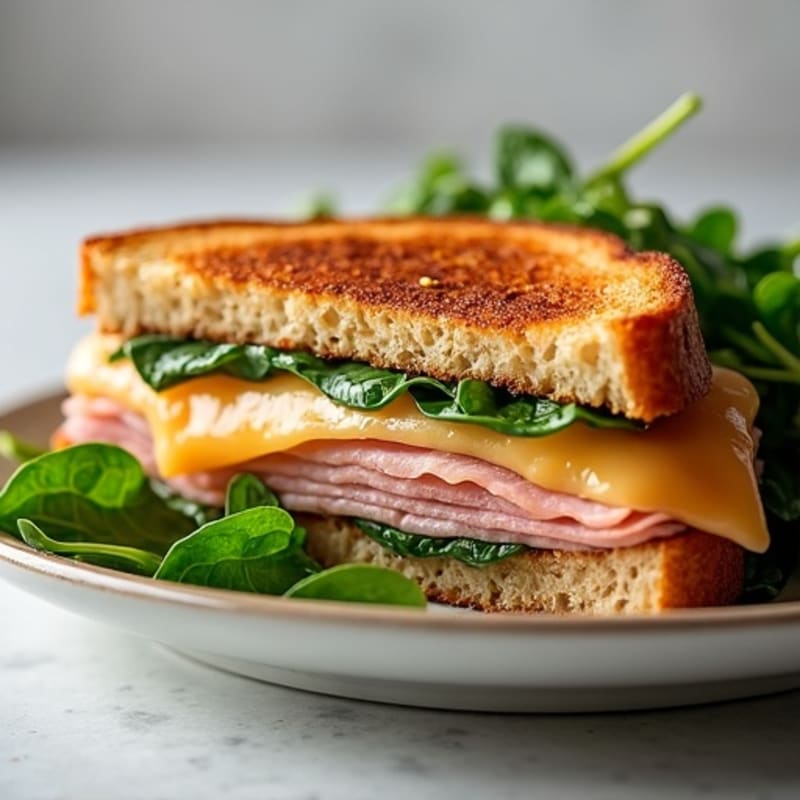 Crispy Whole Wheat Ham and Swiss Melt with Sautéed Spinach