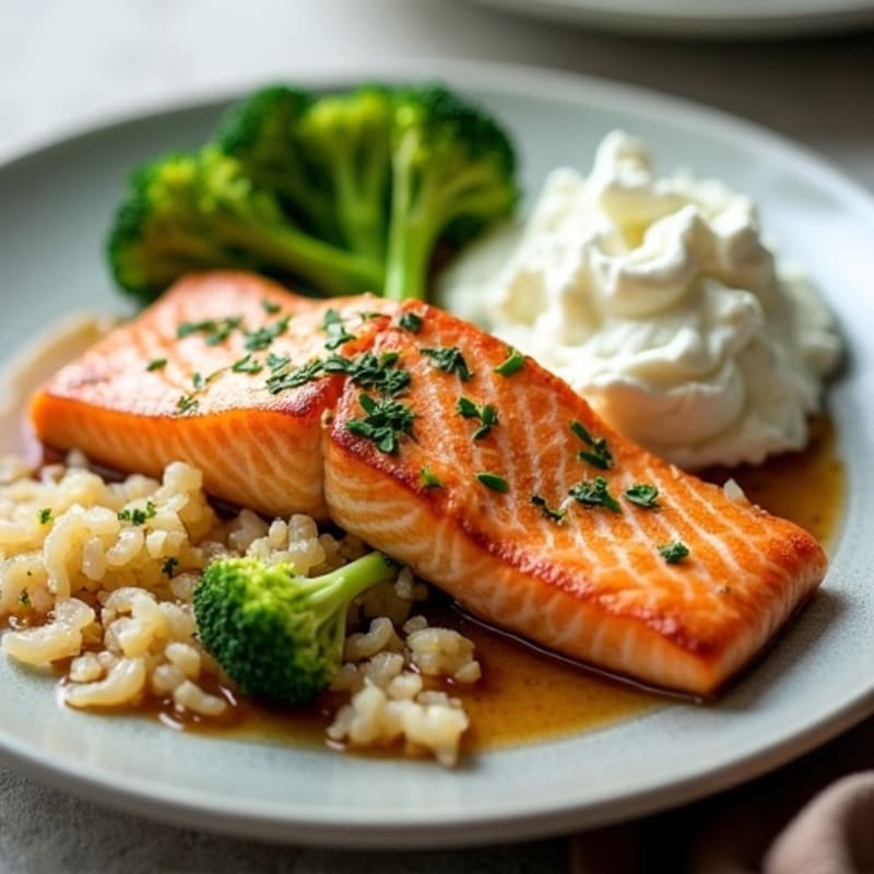 Seared Salmon with Steamed Broccoli, Sauerkraut, and Cottage Cheese
