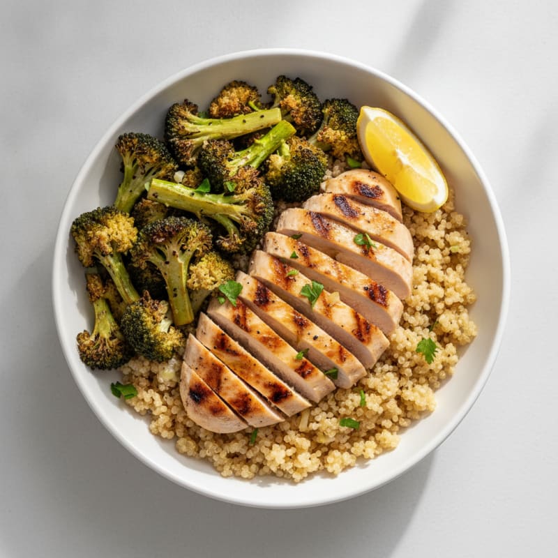 Grilled Chicken and Quinoa Bowl with Roasted Broccoli