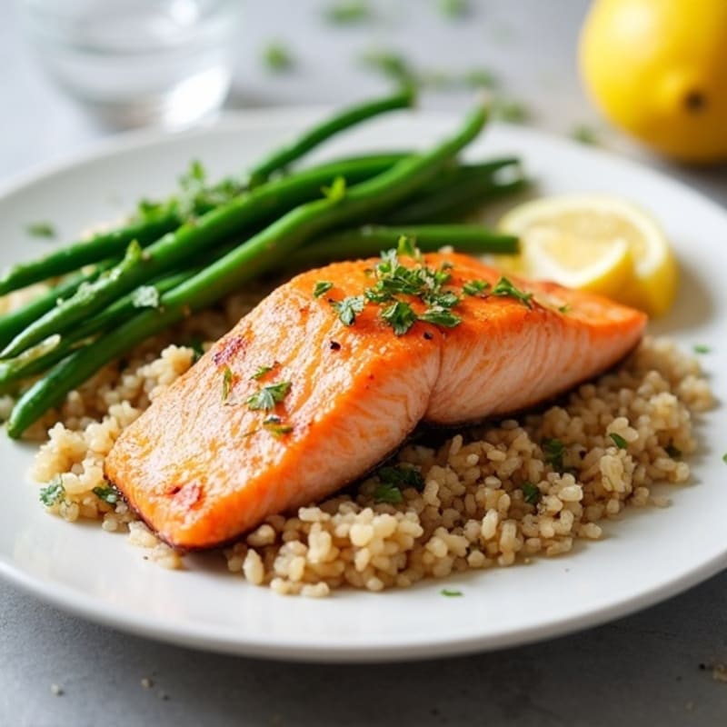 Seared Salmon with Lemon-Garlic Green Beans and Brown Rice