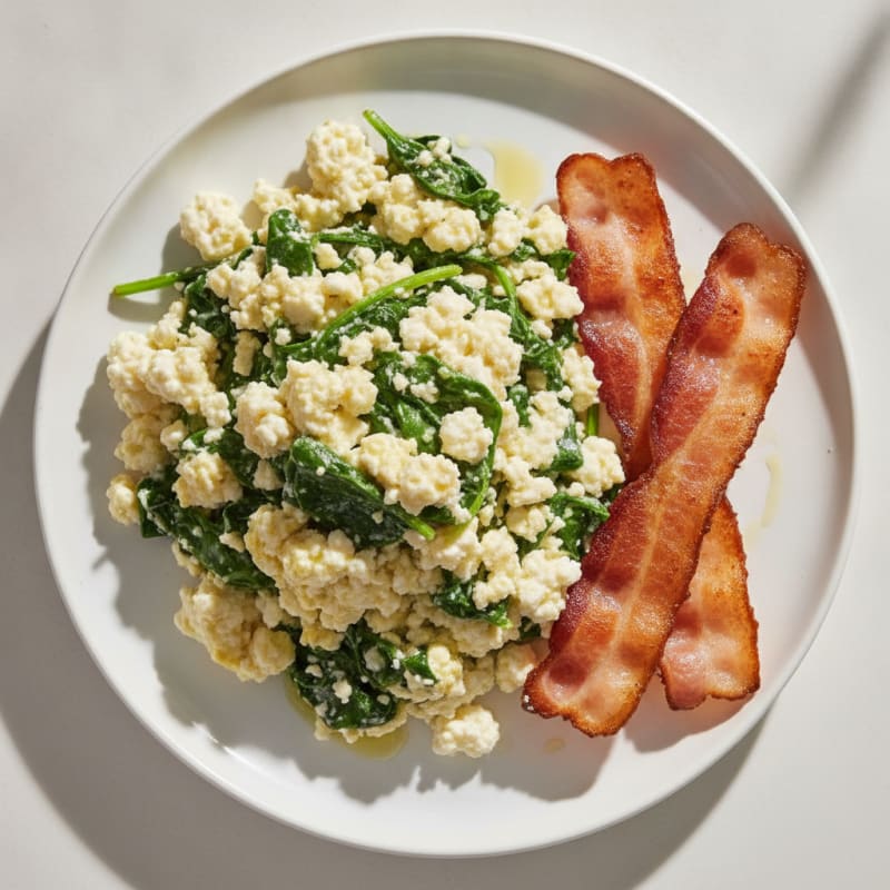 Cottage Cheese Scramble with Turkey Bacon and Spinach