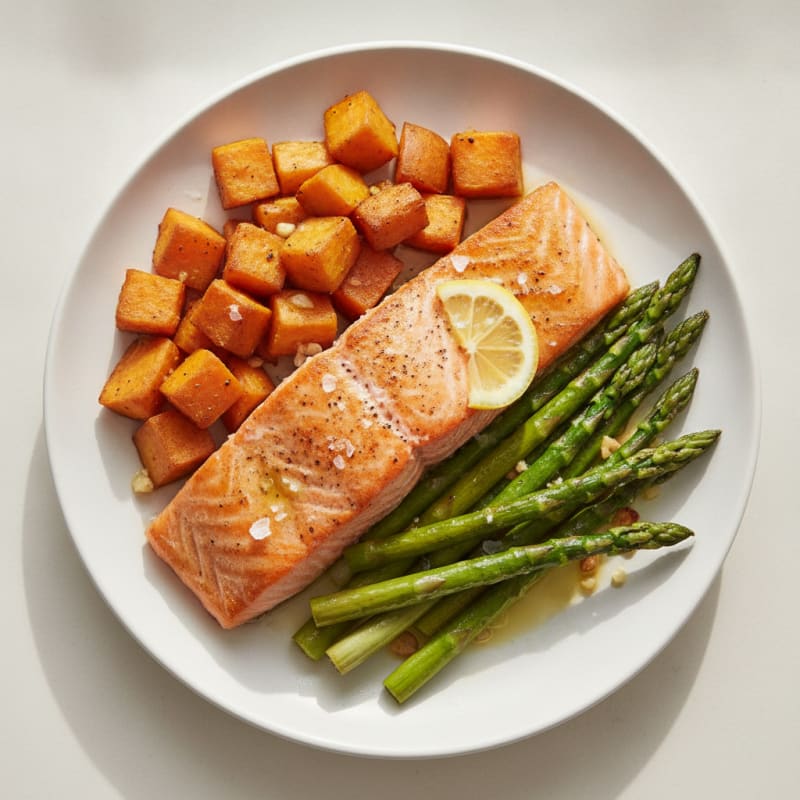 Seared Salmon with Roasted Sweet Potato and Asparagus