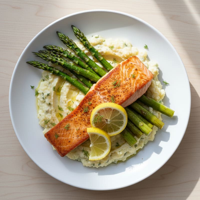 Seared Salmon with Roasted Asparagus and Cauliflower Mash