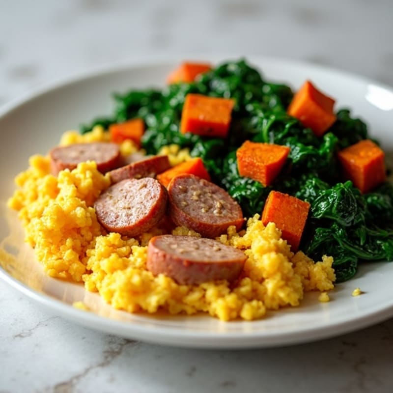 Egg White and Turkey Sausage Scramble with Sautéed Spinach and Roasted Sweet Potatoes