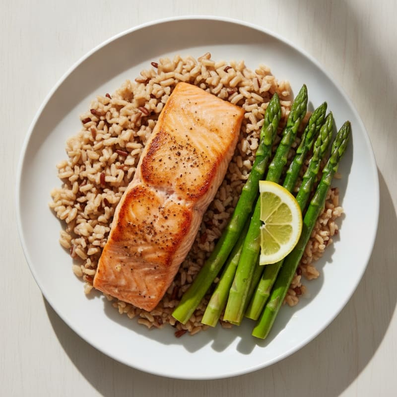 Seared Salmon Filet with Steamed Asparagus and Brown Rice