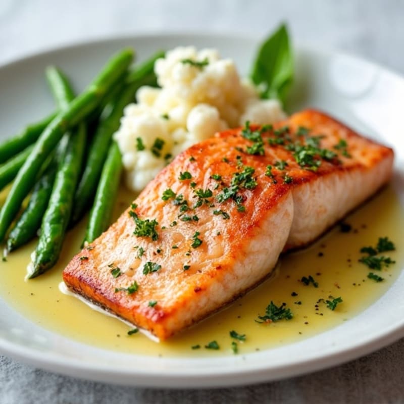 Seared Salmon with Garlic Green Beans and Cauliflower Mash