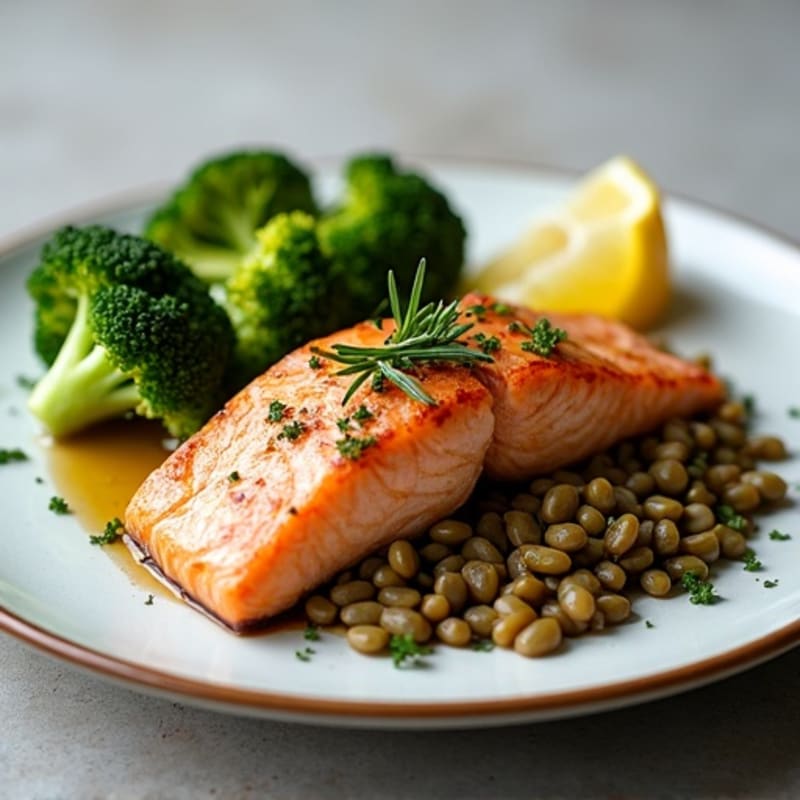 Seared Salmon with Herb-Roasted Broccoli and Lentils