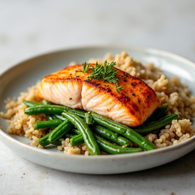 Seared Salmon Fillet with Garlic Green Beans and Brown Rice