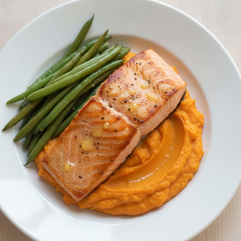 Seared Salmon Fillet with Steamed Green Beans and Sweet Potato Mash