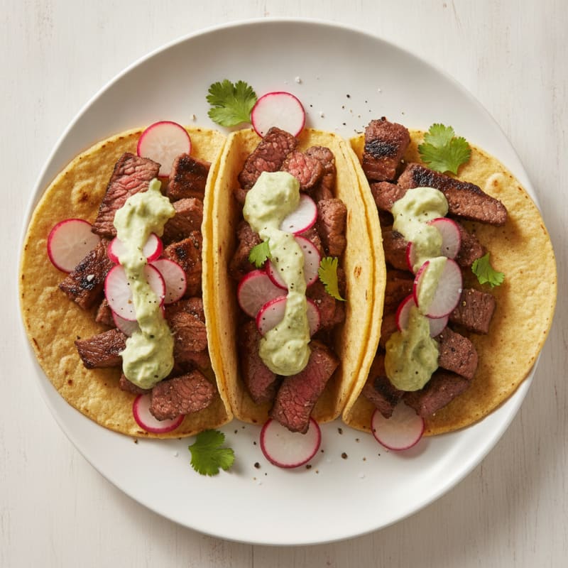 Carne Asada Tacos with Avocado Crema