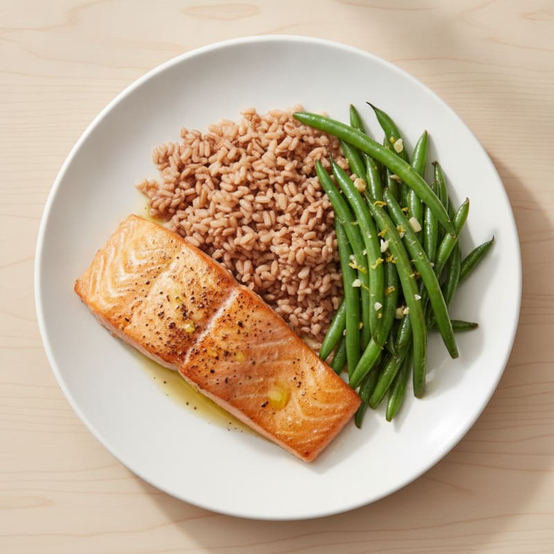 Seared Salmon with Garlic Green Beans and Brown Rice