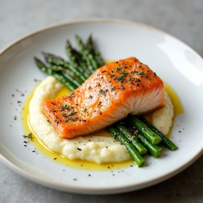 Seared Salmon with Steamed Asparagus and Cauliflower Mash