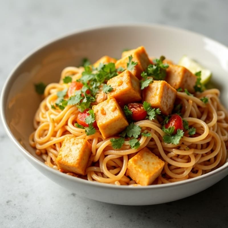 Creamy Peanut Sauce Rice Noodles with Crispy Tofu