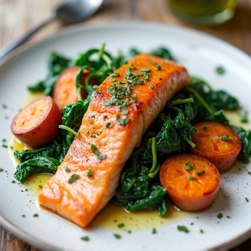Pan-Seared Salmon with Garlic Spinach and Roasted Sweet Potato