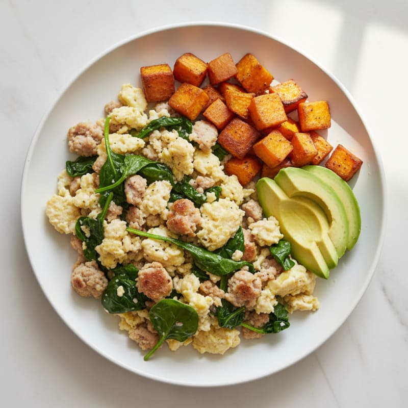 Egg White and Turkey Sausage Scramble with Baby Spinach