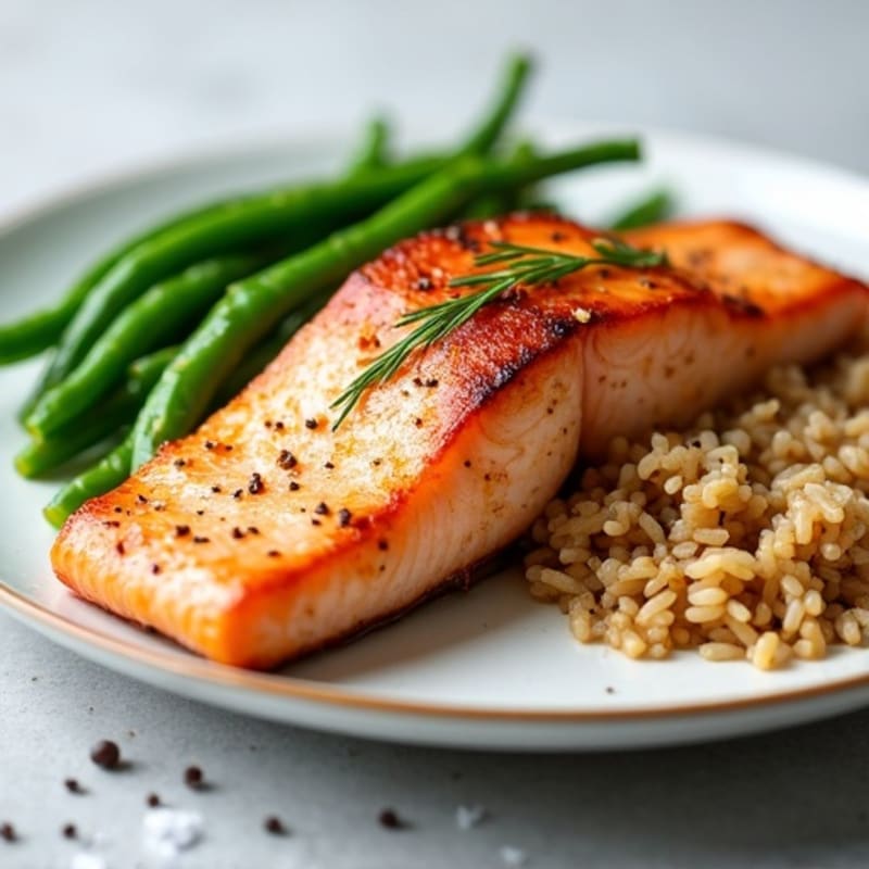 Seared Salmon Fillet with Steamed Green Beans and Brown Rice