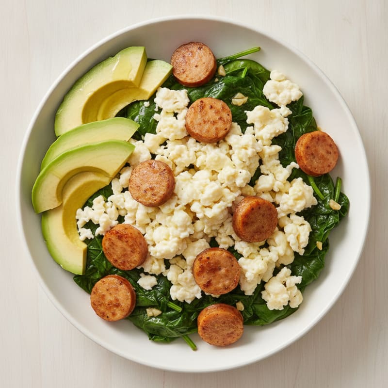Scrambled Egg White and Chicken Sausage Bowl with Sautéed Spinach