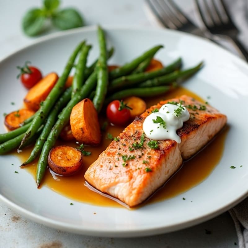Seared Salmon with Roasted Sweet Potato and Garlic Green Beans