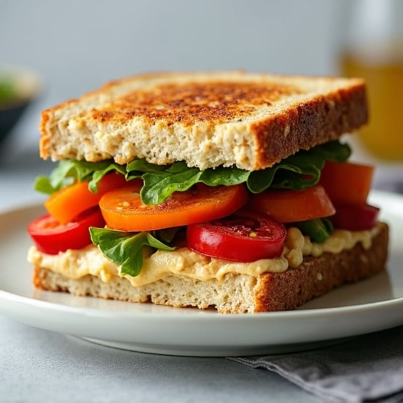 Crispy Roasted Vegetable and Creamy Hummus Sandwich with Spiced Tofu