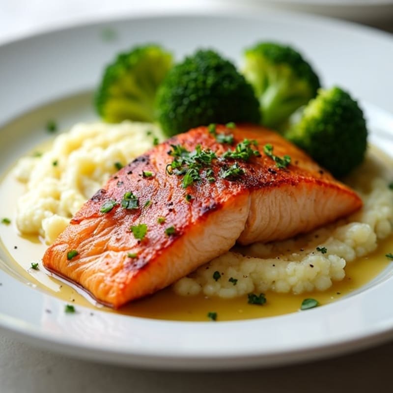 Seared Salmon with Steamed Broccoli and Garlic Cauliflower Mash