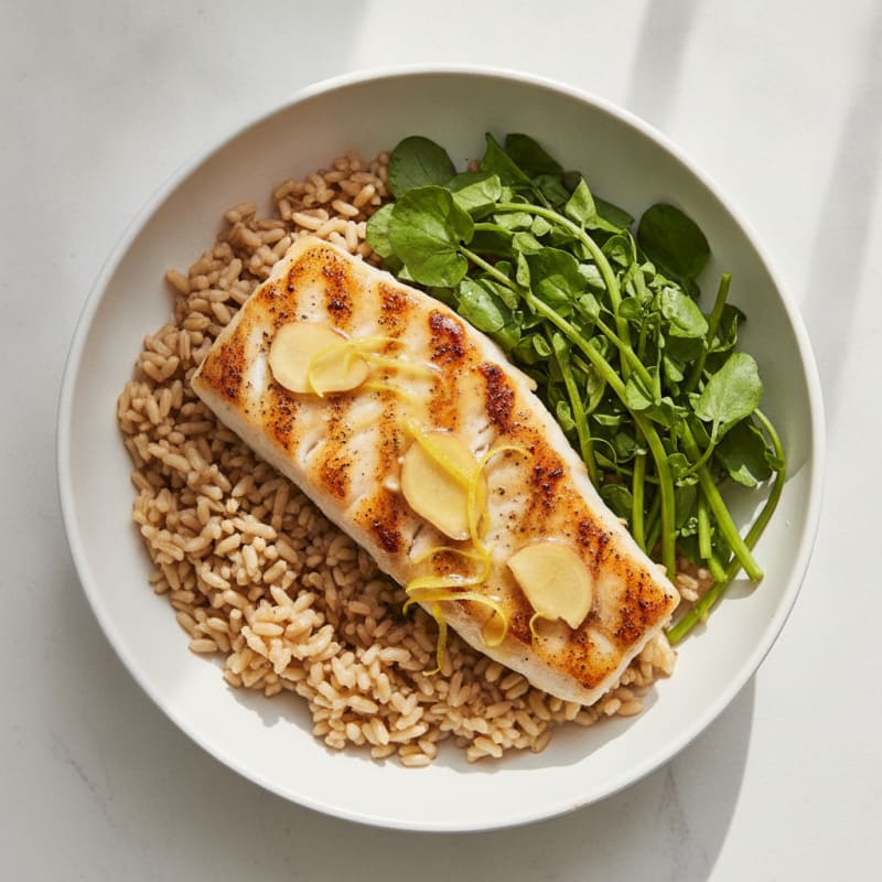 Grilled Fish Rice Bowl with Steamed Watercress