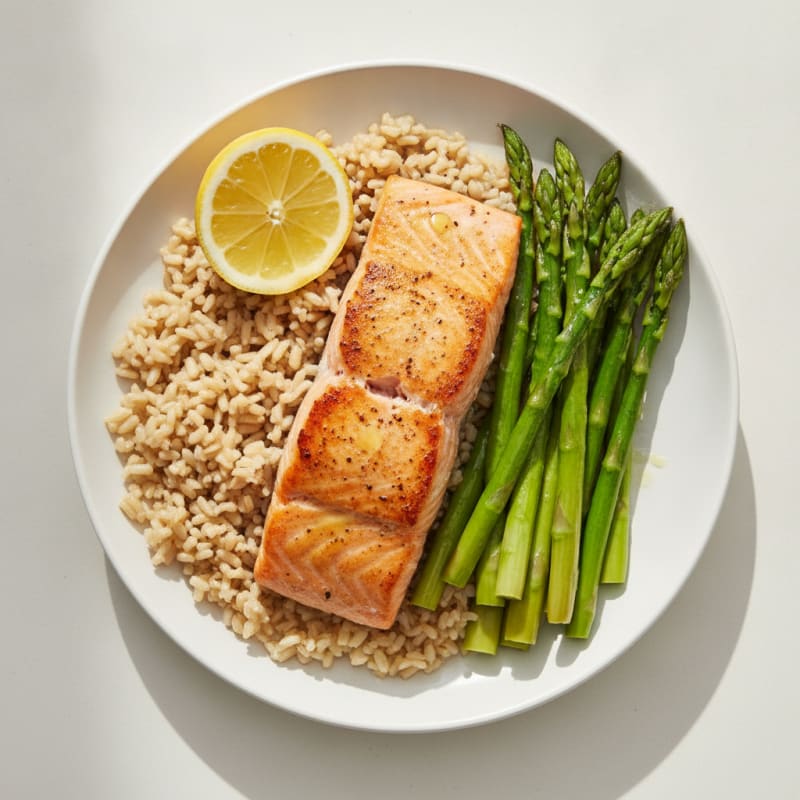 Seared Salmon with Steamed Asparagus and Brown Rice