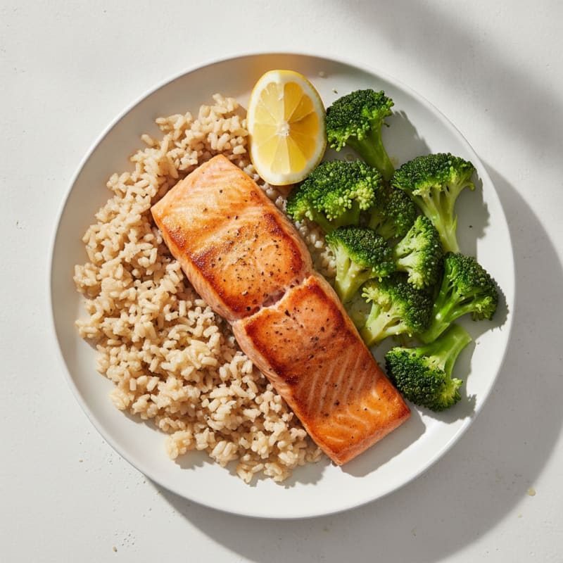 Seared Salmon with Steamed Broccoli and Brown Rice