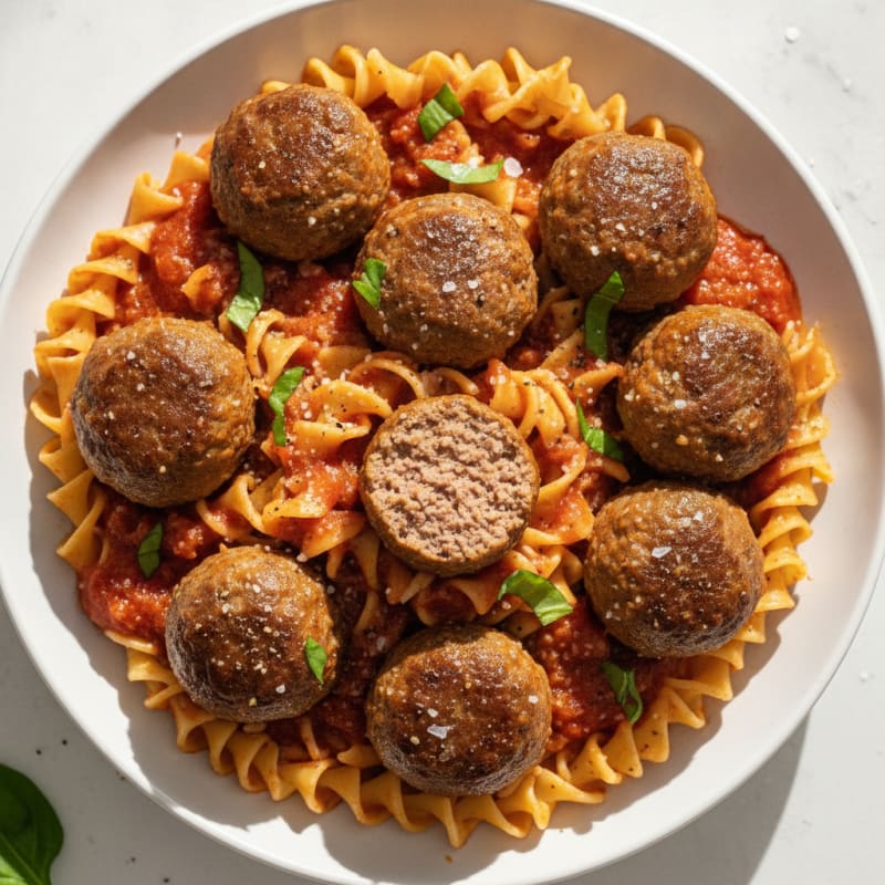 Ground Beef Meatballs with Marinara Egg Noodles