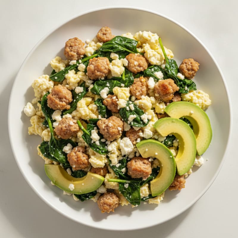 Egg White and Turkey Sausage Scramble with Spinach and Feta
