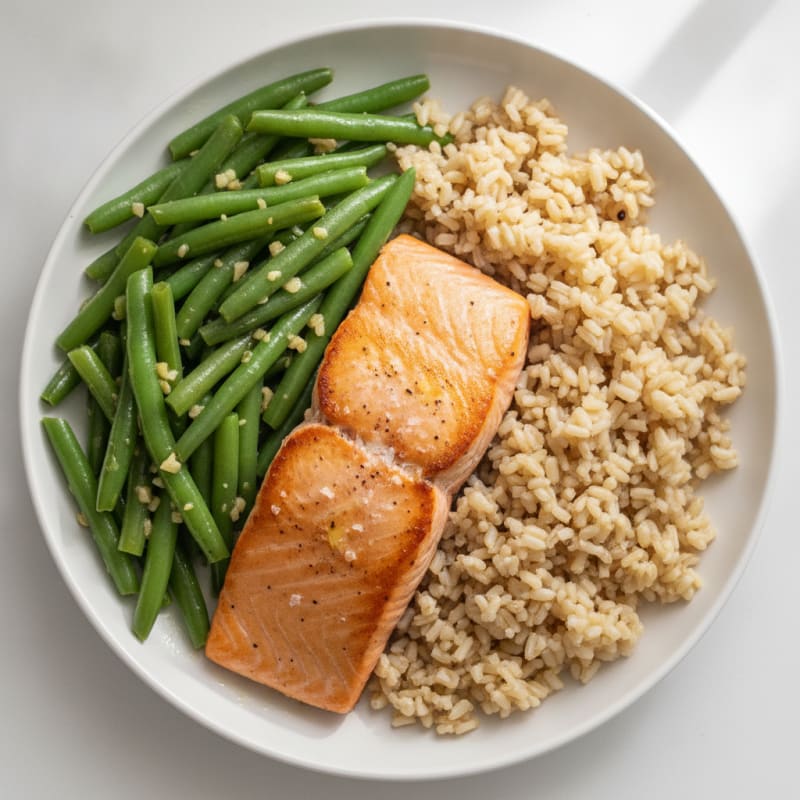 Seared Salmon with Garlic Green Beans and Brown Rice