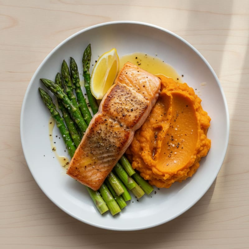Seared Salmon with Roasted Asparagus and Sweet Potato Mash
