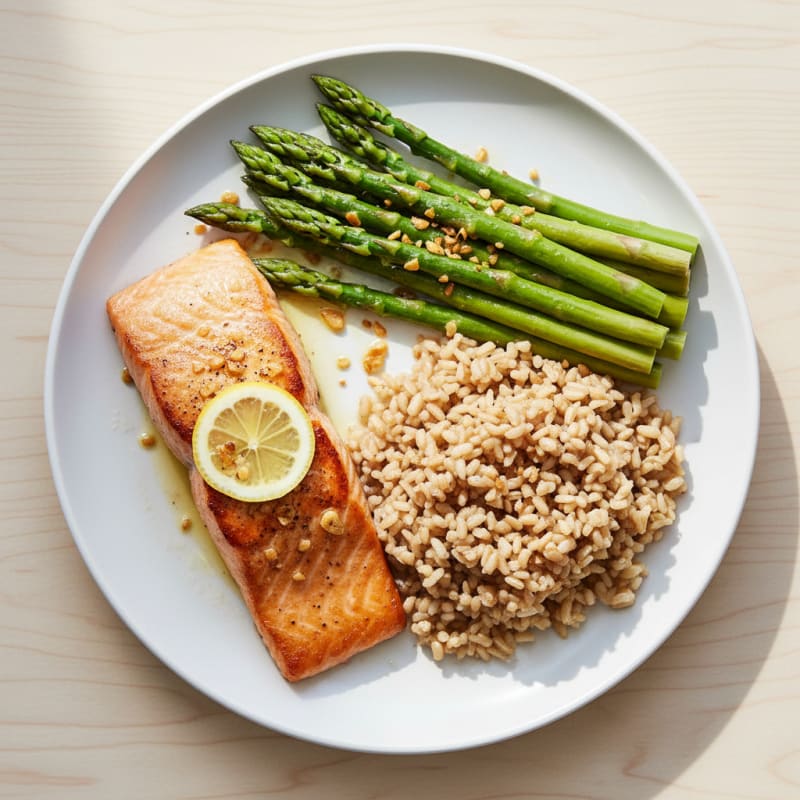 Seared Salmon with Steamed Asparagus and Brown Rice