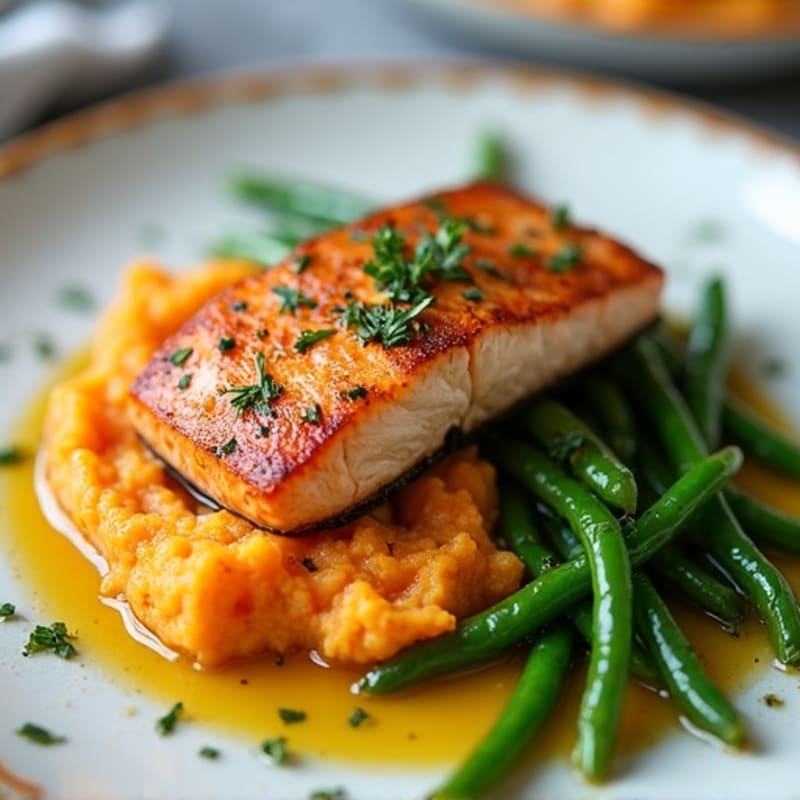 Seared Salmon with Garlic Green Beans and Sweet Potato Mash