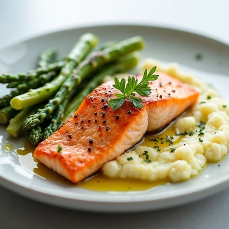 Seared Salmon with Steamed Asparagus and Cauliflower Mash