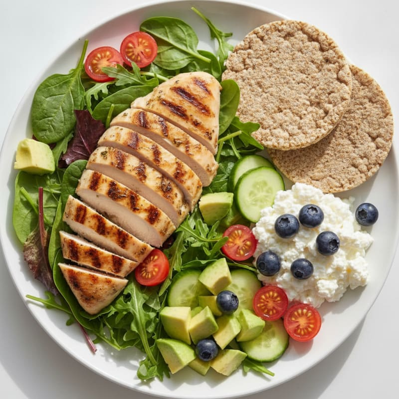 Grilled Chicken Salad with Cottage Cheese and Fresh Vegetables