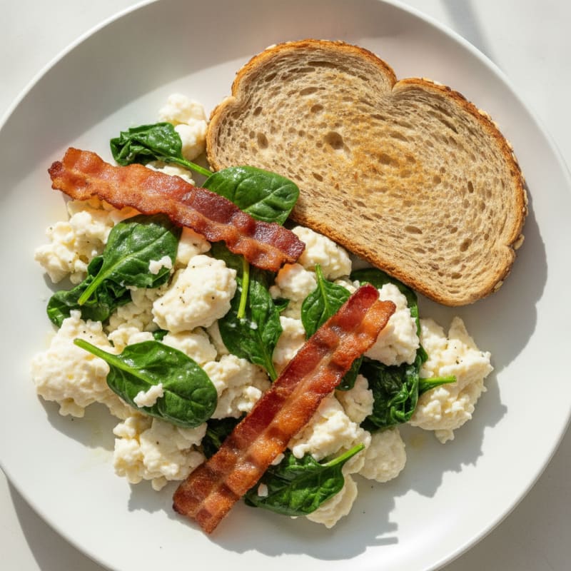 Scrambled Egg Whites with Sautéed Spinach and Turkey Bacon