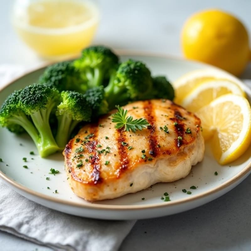 Grilled Chicken Breast with Steamed Broccoli and Lemon