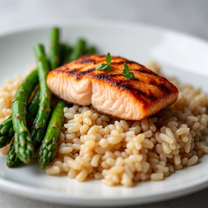 Seared Salmon Fillet with Steamed Asparagus and Brown Rice