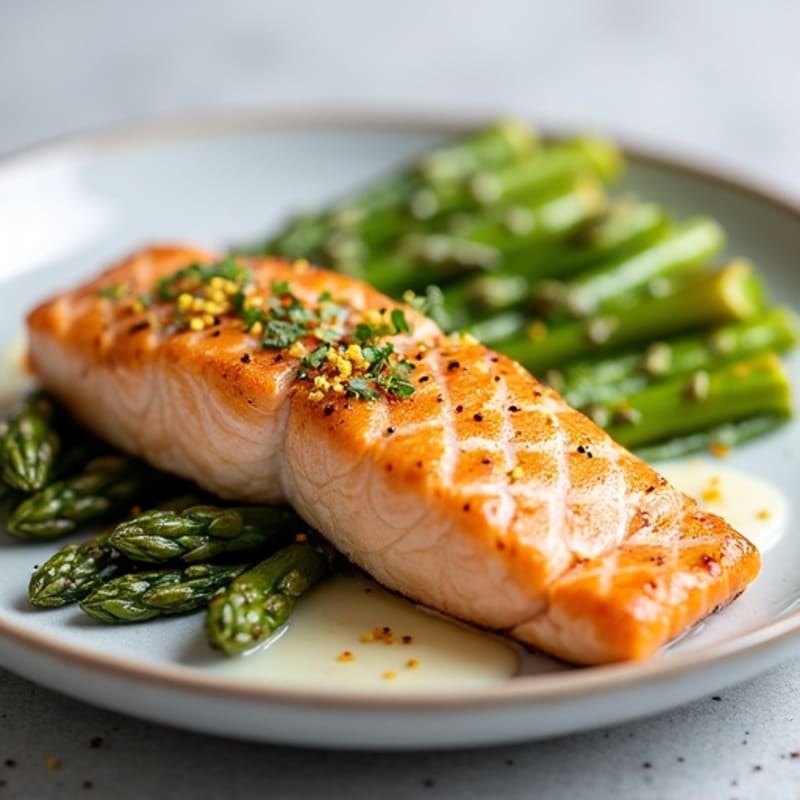 Seared Salmon Fillet with Steamed Asparagus and Lemon Zest