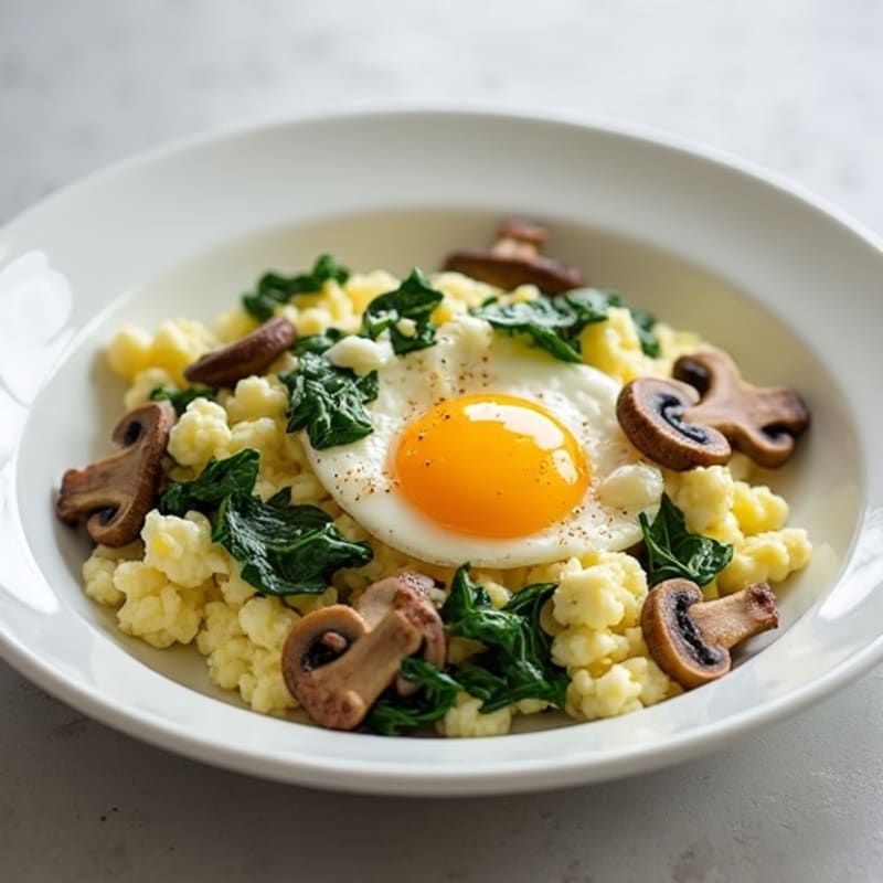 Egg White Spinach Scramble with Cottage Cheese and Sautéed Mushrooms