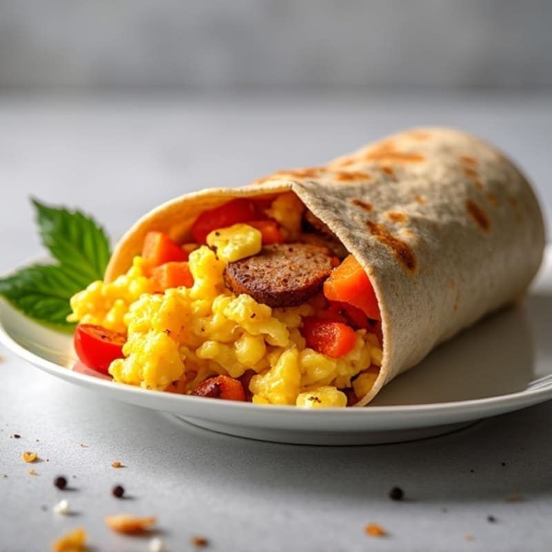 Scrambled Egg, Lean Turkey Sausage, and Crispy Sweet Potato Burrito