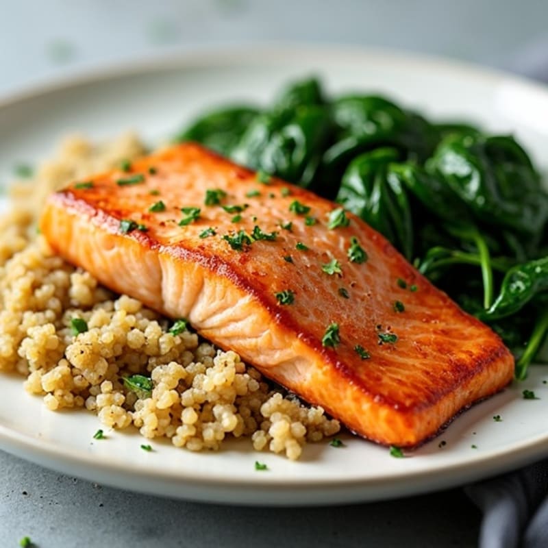 Seared Salmon Fillet with Quinoa and Garlic Sautéed Spinach