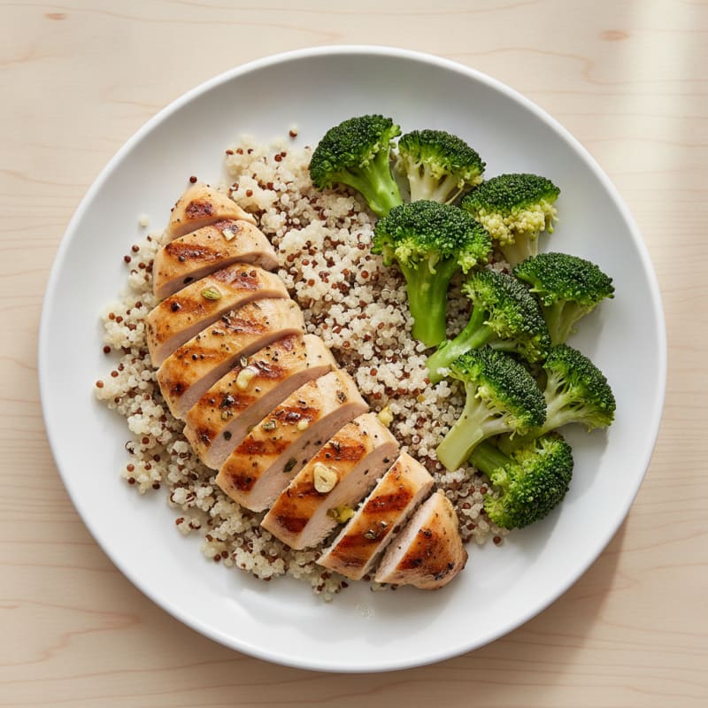 Grilled Lemon Herb Chicken Breast with Quinoa and Steamed Broccoli