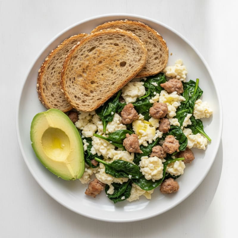 Egg White Scramble with Turkey Sausage and Sautéed Spinach