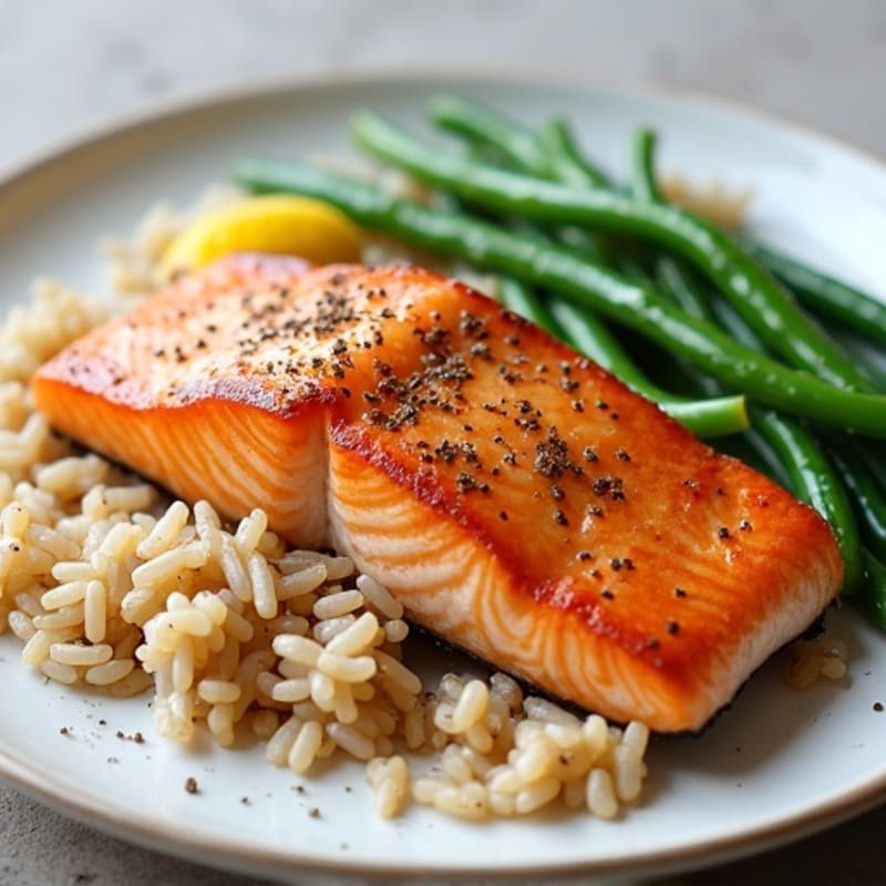 Seared Salmon with Steamed Green Beans and Brown Rice
