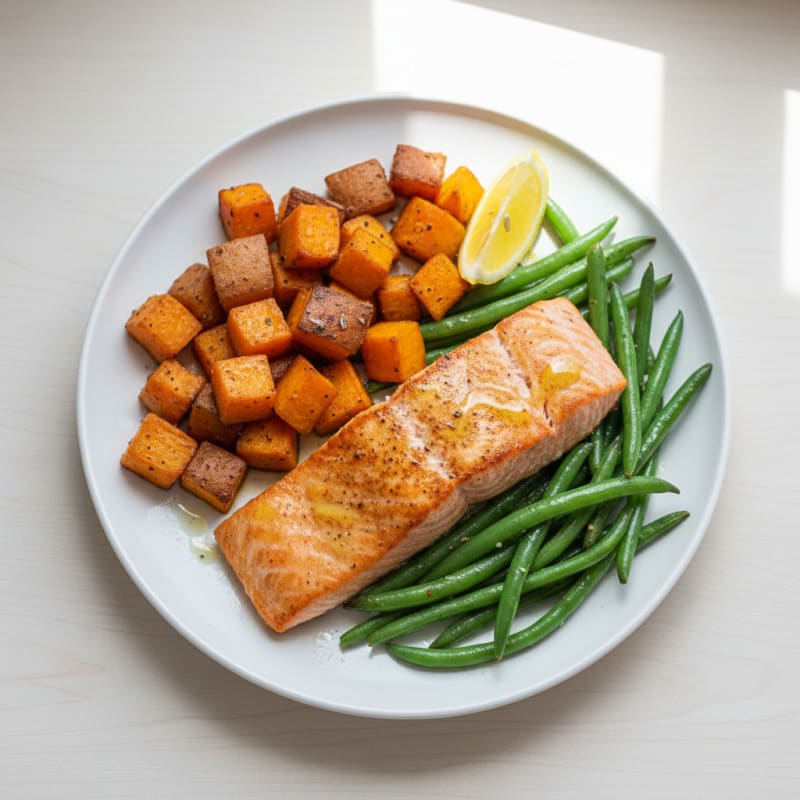 Seared Salmon with Roasted Sweet Potatoes and Green Beans