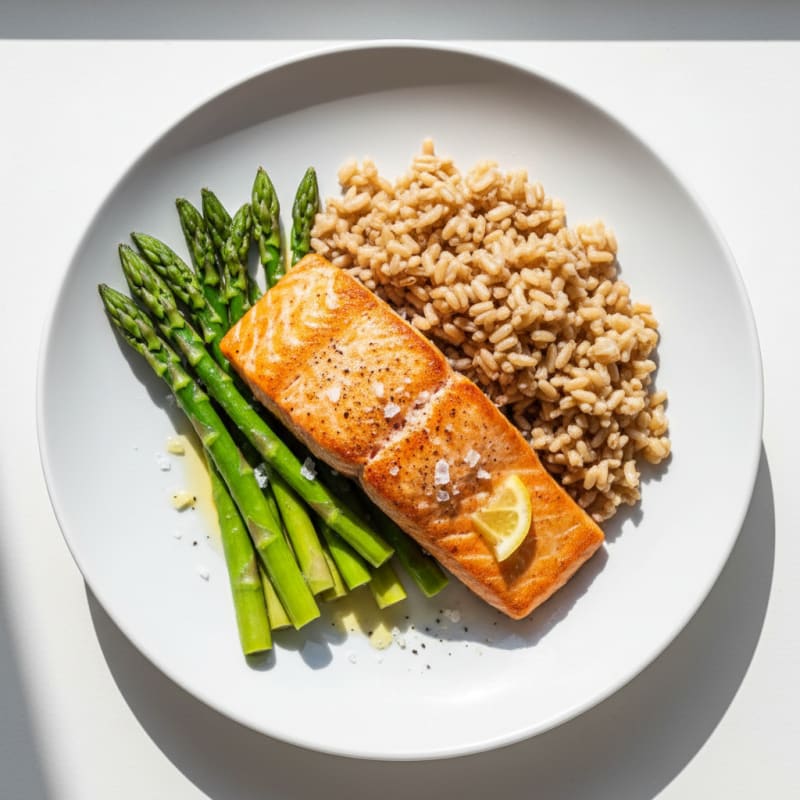 Seared Salmon Fillet with Steamed Asparagus and Brown Rice